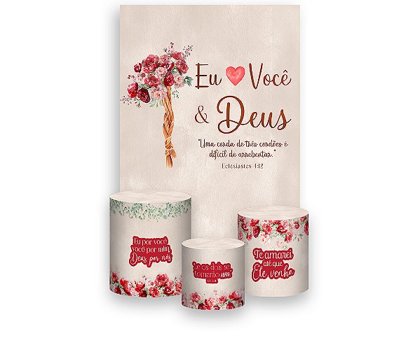 Painel De Festa Vertical 1,50 x 2,20 + Trio De Capas Cilindro - Eu Amo Você e Deus Vermelho e Rosa 043