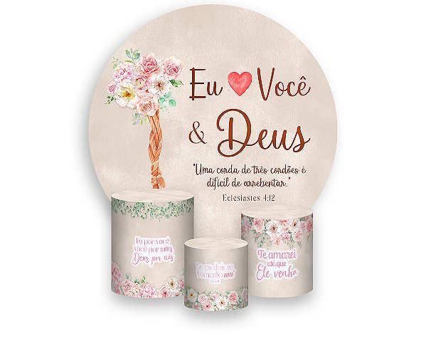 Painel De Festa Redondo 1,50 x 1,50 + Trio De Capas Cilindro - Eu Amo Você & Deus Rosa e Branco 028