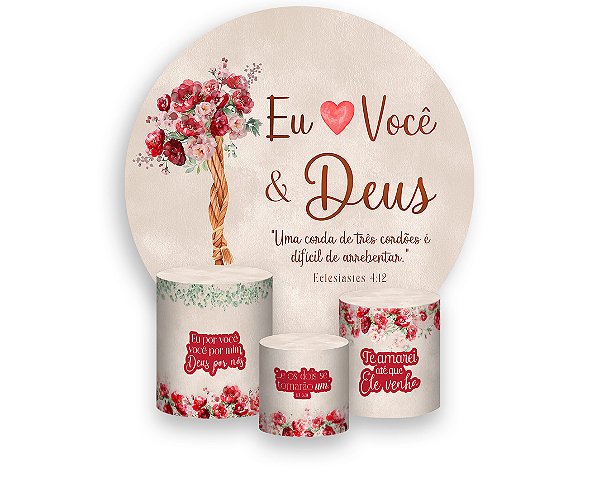 Painel De Festa Redondo 1,50 x 1,50 + Trio De Capas Cilindro - Eu Amo Você & Deus Vermelho e Rosa 030