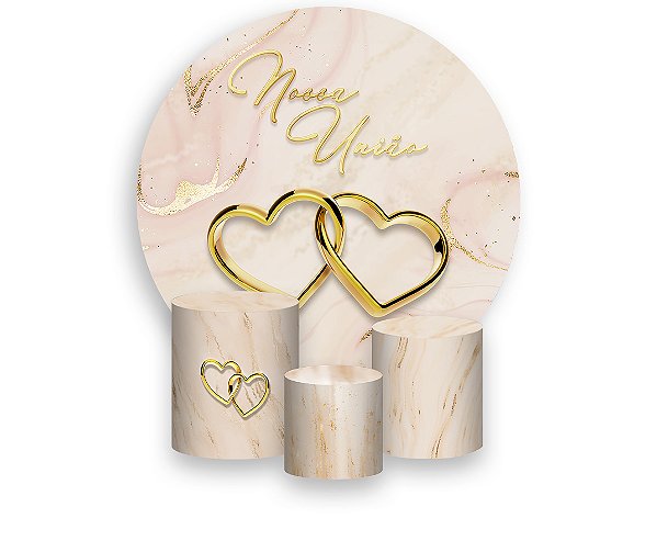 Painel De Festa Redondo 1,50 x 1,50 + Trio De Capas Cilindro - Nossa União Coirações Dourados 031