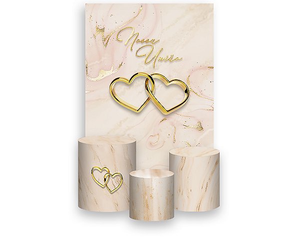 Painel De Festa Vertical 1,50 x 2,20 + Trio De Capas Cilindro - Nossa União Alianças Bege e Dourado 044