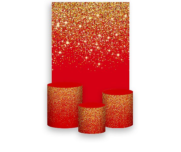 Painel De Festa Vertical 1,50 x 2,20 + Trio De Capas Cilindro - Efeito Glitter Vermelho com Dourado 079