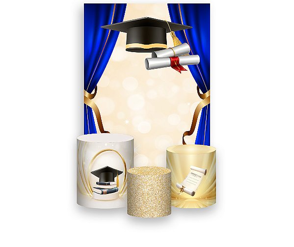 Painel De Festa Vertical 1,50 x 2,20 + Trio De Capas Cilindro - Formatura Capelo Cortina Azul 027