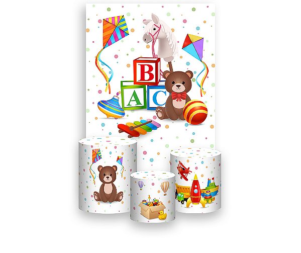 Painel De Festa Vertical 1,50 x 2,20 + Trio De Capas Cilindro - Brinquedos de Infância 020