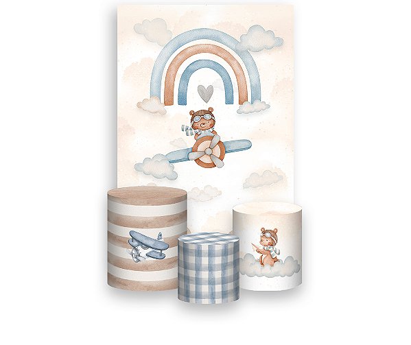 Painel De Festa Vertical 1,50 x 2,20 + Trio De Capas Cilindro - Chá de Bebê Aviador nas Nuvens 098