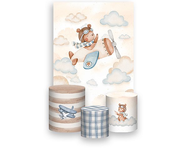 Painel De Festa Vertical 1,50 x 2,20 + Trio De Capas Cilindro - Urso Aviador nas Nuvens Aquarela 099