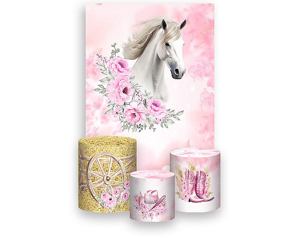 Painel De Festa Vertical 1,50 x 2,20 + Trio De Capas Cilindro - Cavalo Boiadeira Rosa 051