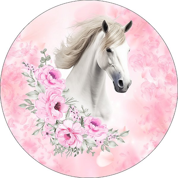 Painel De Festa Redondo 1,50x1,50 - Cavalo Boiadeira Rosa Floral 43