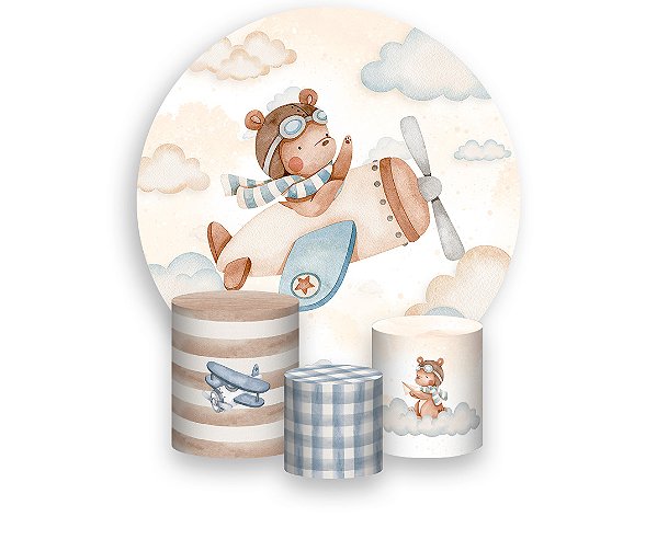 Painel De Festa Redondo 1,50 x 1,50 + Trio De Capas Cilindro - Urso Aviador nas Nuvens 076
