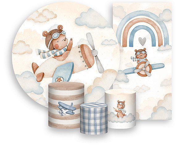 Painel De Festa + Trio De Capas Cilindro + Faixa Veste Fácil - Chá de Bebê Urso Aviador 034