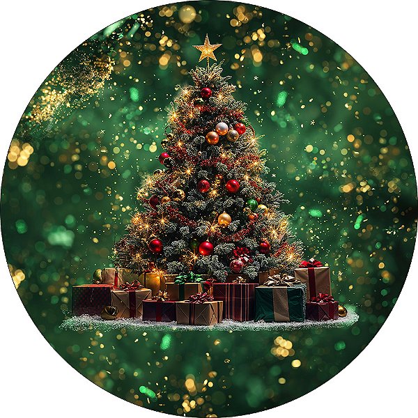 Painel De Festa Redondo 1,50x1,50 - Árvore de Natal Verde Efeito Brilhos 043
