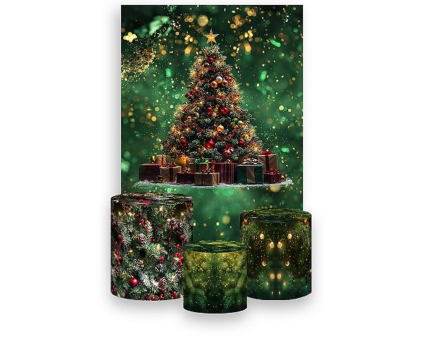 Painel De Festa Vertical 1,50 x 2,20 + Trio De Capas Cilindro - Árvore de Natal Verde Efeito Brilhos 039