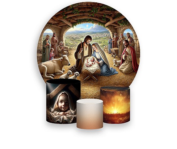 Painel De Festa Redondo 1,50 x 1,50 + Trio De Capas Cilindro - Natal Cristão Nascimento de Cristo 035