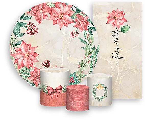 Painel De Festa + Trio De Capas Cilindro + Faixa Veste Fácil - Feliz Natal Poinsétia 014
