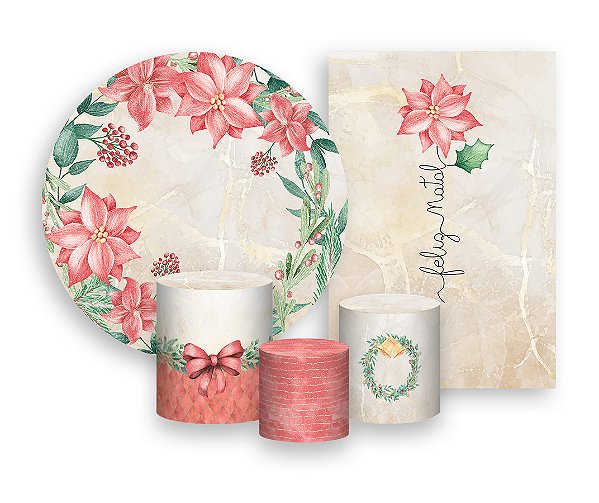 Kit 2 Painéis De Festa + Trio De Capas Cilindro - Feliz Natal Aquarela Poinsétia 014