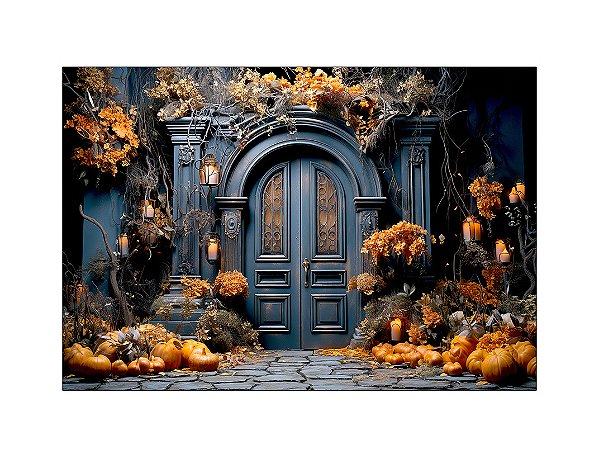 Fundo Fotográfico 2,20 x 1,50 - Halloween Cenário Porta Preta com Abóboras 059