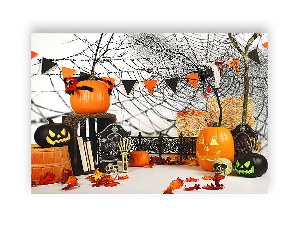 Fundo Fotográfico 2,20 x 1,50 - Halloween Laranja e Preto com Teias de Aranha 052