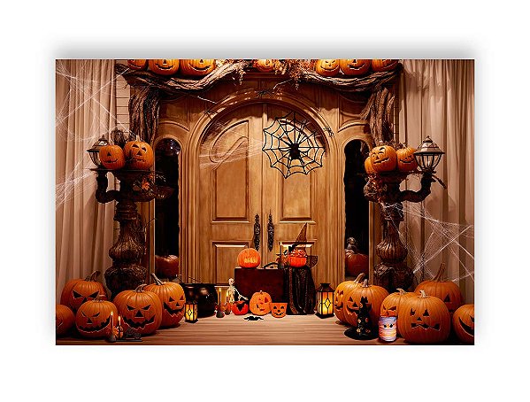 Fundo Fotográfico 2,20 x 1,50 - Fachada Rústica Halloween com Abóboras 060