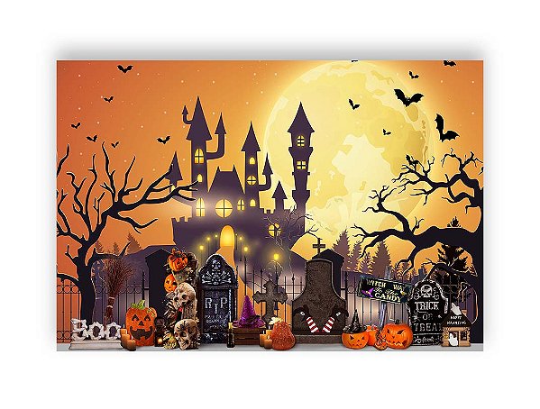 Fundo Fotográfico 2,20 x 1,50 -  Castelo Halloween Alaranjado 055
