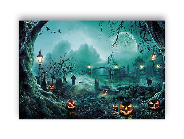 Fundo Fotográfico 2,20 x 1,50 - Halloween Abóboras no Cemitério 032