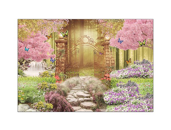 Fundo Fotográfico 2,20 x 1,50 - Jardim Encantado com Flores e Borboletas 010