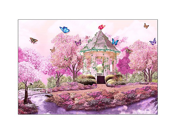 Fundo Fotográfico 2,20 x 1,50 - Jardim Encantado Árvores Rosa 003