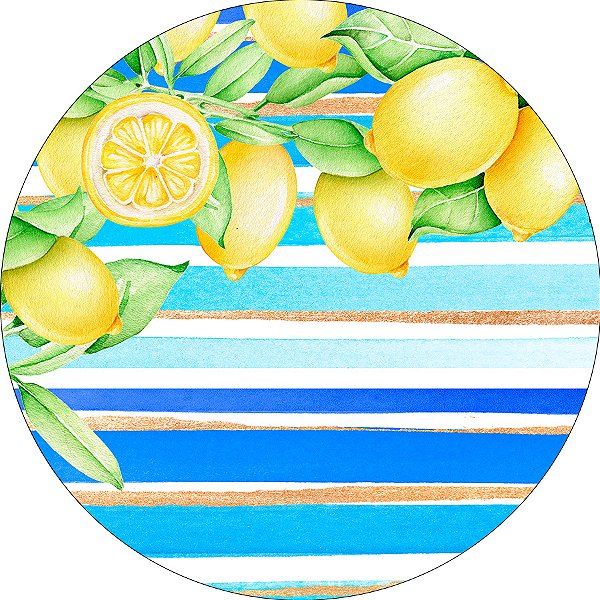 Painel De Festa Redondo 1,50x1,50 - Limão Siciliano e Listras Azuis 040