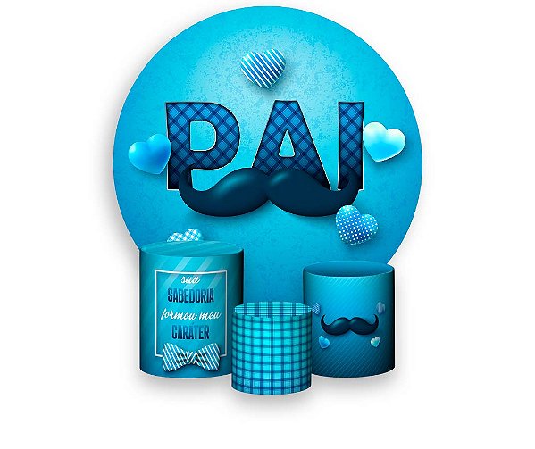 Painel De Festa Redondo 1,50 x 1,50 + Trio De Capas Cilindro - Dia dos Pais Corações Azul 049