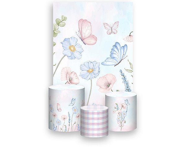 Painel De Festa Vertical 1,50 x 2,20 + Trio De Capas Cilindro - Borboletas Azul e Rosa Aquarela 046