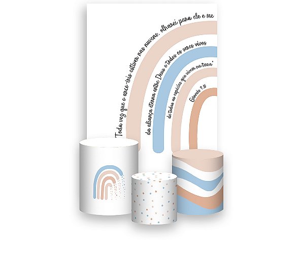 Painel De Festa Vertical 1,50 x 2,20 + Trio De Capas Cilindro - Arco-íris Boho Azul e Bege 014