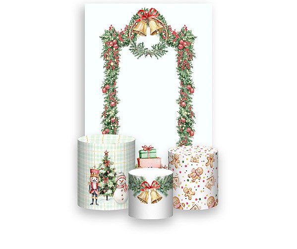 Painel De Festa Vertical 1,50 x 2,20 + Trio De Capas Cilindro - Sinos e Folhagens Natal no Polo Norte 046