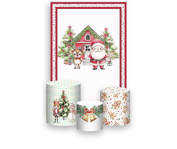 Painel De Festa Vertical 1,50 x 2,20 + Trio De Capas Cilindro - Natal Papai Noel Cute 047