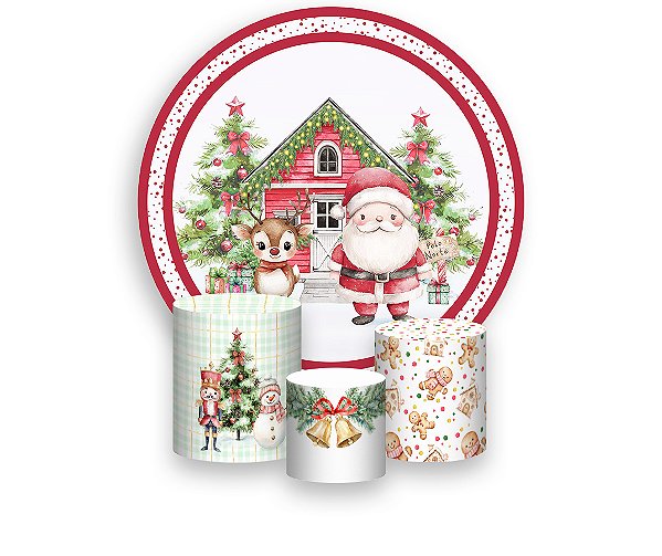 Painel De Festa Redondo 1,50 x 1,50 + Trio De Capas Cilindro - Natal Papai Noel Cute 037