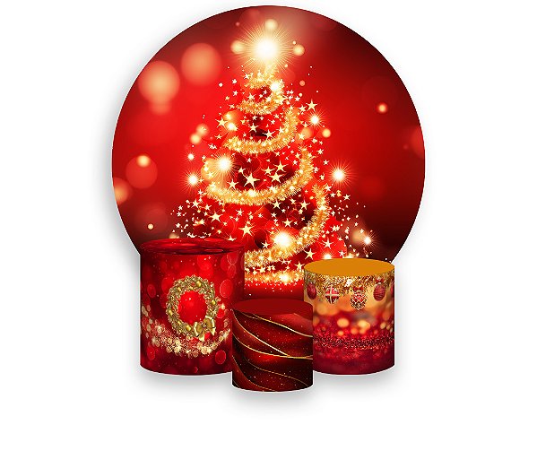 Painel De Festa Redondo 1,50 x 1,50 + Trio De Capas Cilindro - Árvore de Natal Efeito Glitter Dourado 038