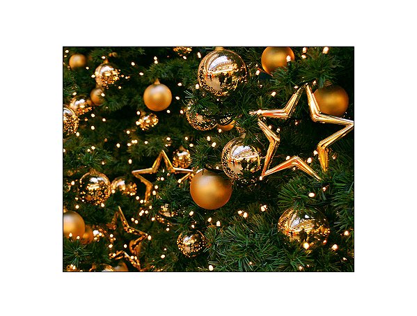 Painel de Festa Horizontal 1,55 X 1,20 - Árvore de Natal Bolinhas e Estrelas Douradas 002
