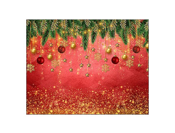 Painel de Festa Horizontal 1,55 X 1,20 - Natal Vermelho com Folhagens Efeito Brilhos 006