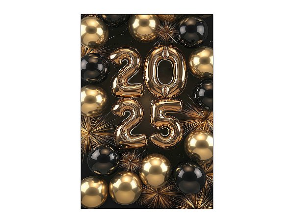 Painel De Festa Vertical 1,50 x 2,20 - Ano Novo Preto com Balões Dourados 016