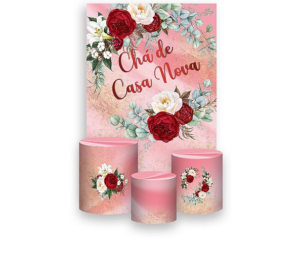 Painel De Festa Vertical 1,50 x 2,20 + Trio De Capas Cilindro - Chá de Casa Nova Efeito Mármore Floral 015