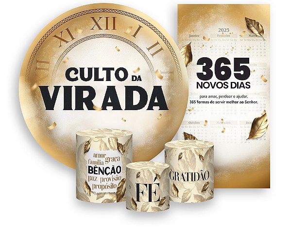 Painel De Festa + Trio De Capas Cilindro + Faixa Veste Fácil - Culto da Virada Dourado 019