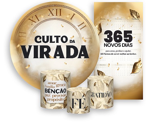Painel De Festa + Trio De Capas Cilindro + Faixa Veste Fácil - Culto da Virada Dourado 019
