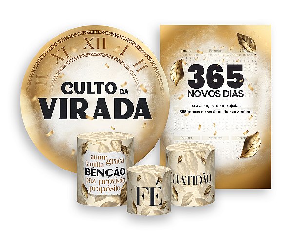 Kit 2 Painéis De Festa + Trio De Capas Cilindro - Culto da Virada Dourado 021