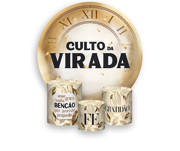 Painel De Festa Redondo 1,50 x 1,50 + Trio De Capas Cilindro - Culto da Virada Folhas Douradas 050
