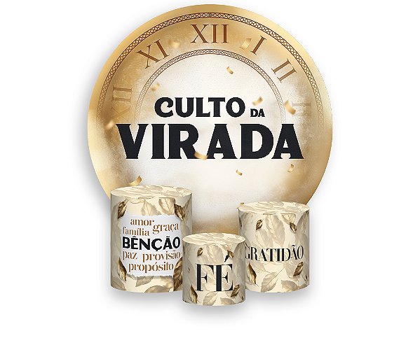 Painel De Festa Redondo 1,50 x 1,50 + Trio De Capas Cilindro - Culto da Virada Folhas Douradas 050