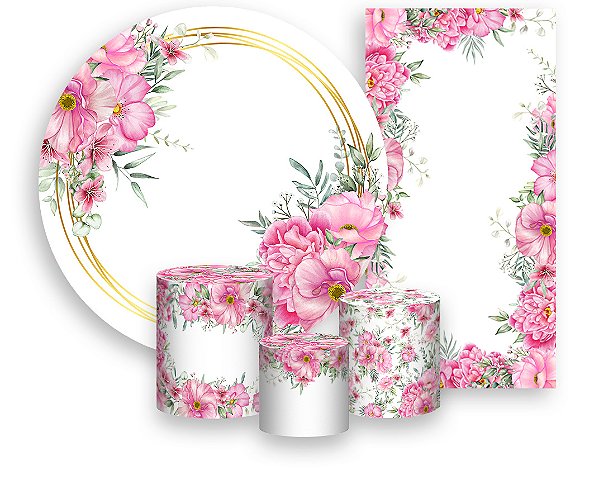 Painel De Festa + Trio De Capas Cilindro + Faixa Veste Fácil - Floral Rosa  050