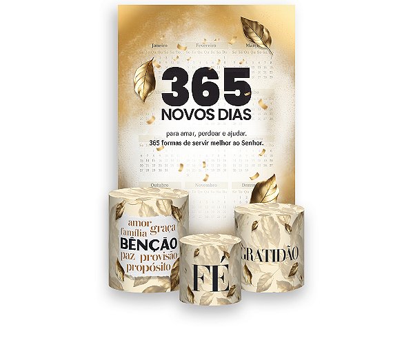 Painel De Festa Vertical 1,50 x 2,20 + Trio De Capas Cilindro - Igreja 365 Dias Folhas Douradas 060