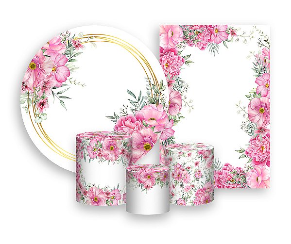 Kit 2 Painéis De Festa + Trio De Capas Cilindro - Floral Rosa  049