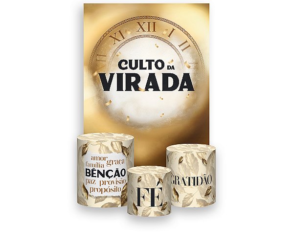 Painel De Festa Vertical 1,50 x 2,20 + Trio De Capas Cilindro - Igreja Culto da Virada Dourado 061