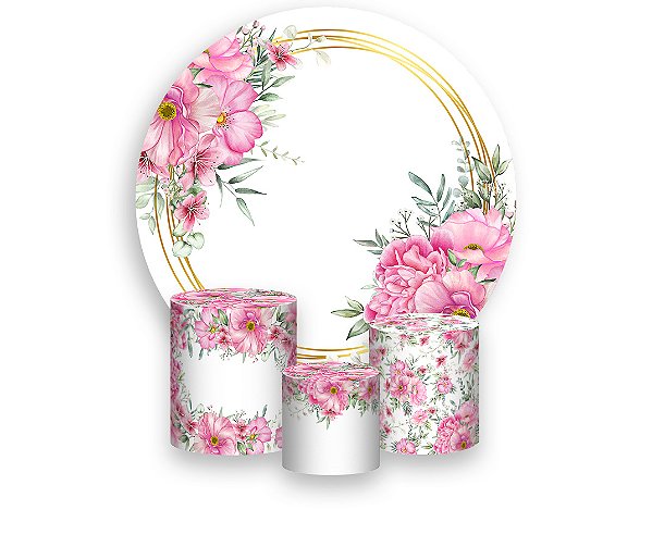 Painel De Festa Redondo 1,50 x 1,50 + Trio De Capas Cilindro - Floral Rosa Com Arco Dourado 080