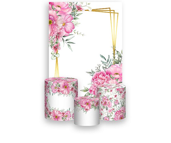 Painel De Festa Vertical 1,50 x 2,20 + Trio De Capas Cilindro - Geométrico Floral Rosa 113