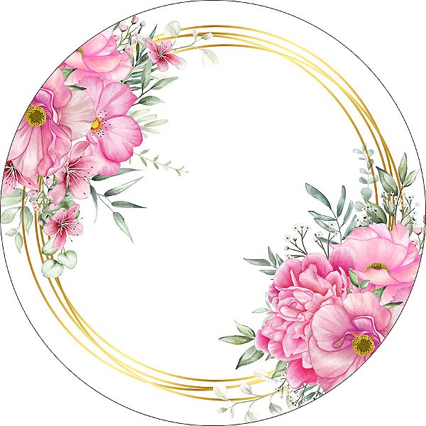 Painel De Festa Redondo 1,50x1,50 - Flores Rosa Com Arco Dourado 187